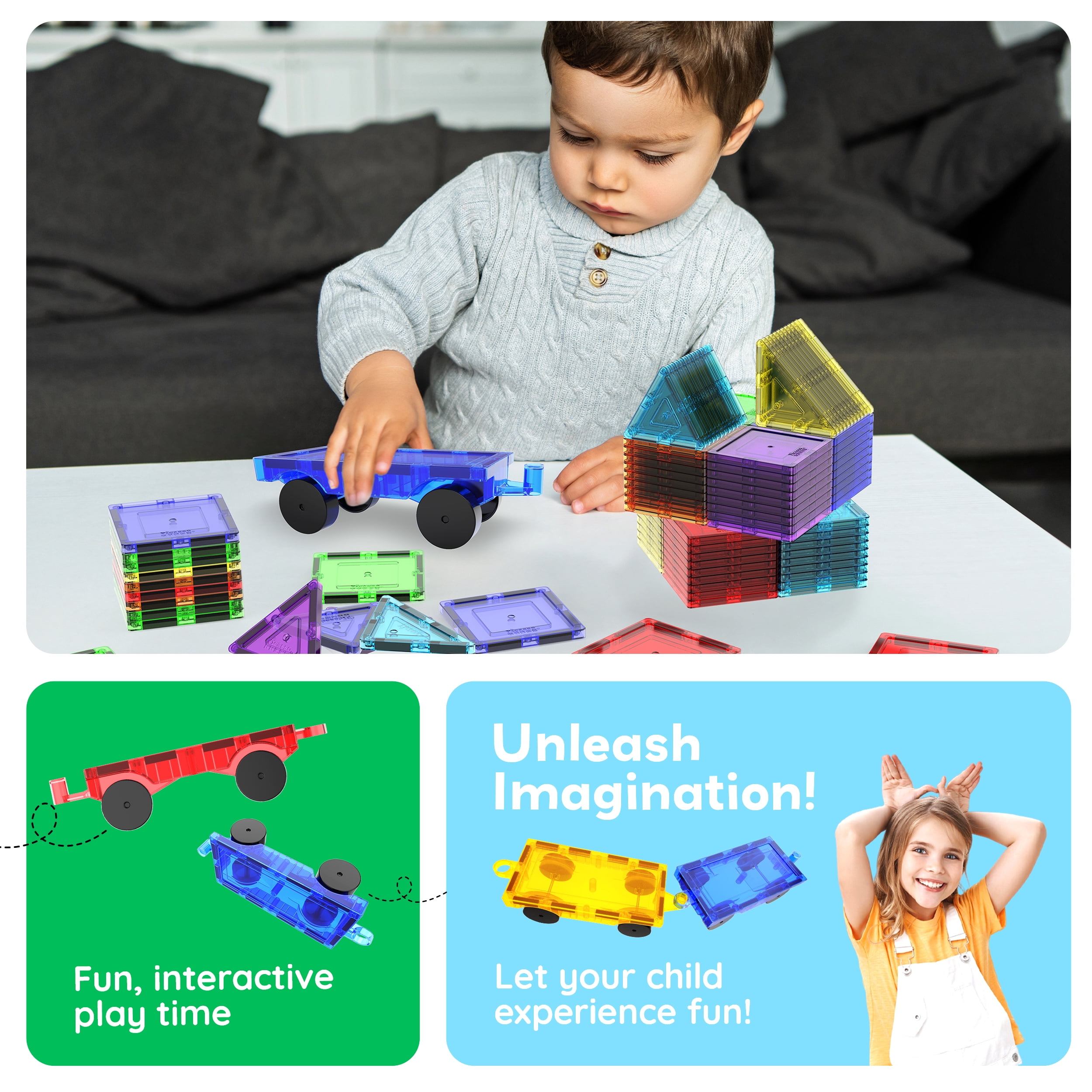 PicassoTiles 4PC Magnetic Tiles Car Truck Base Construction Building Toy , Educational STEM Building Kits for Kids