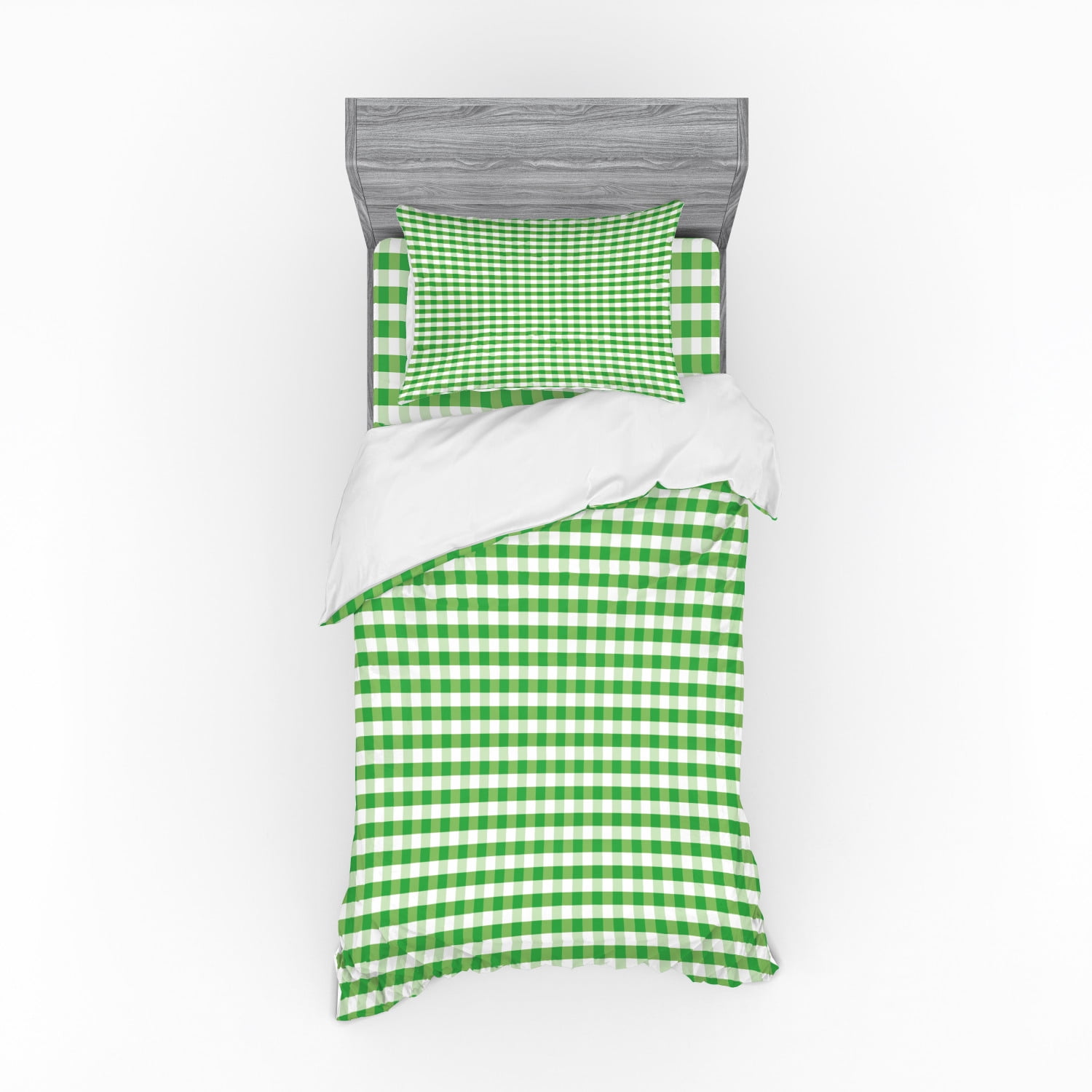 Ambesonne Gingham Duvet Cover Set, Picnic Blanket Inspired Green and White Plaid Retro Gingham Checkered Pattern, Bedding Set with Shams and Fitted Sheet, 3
