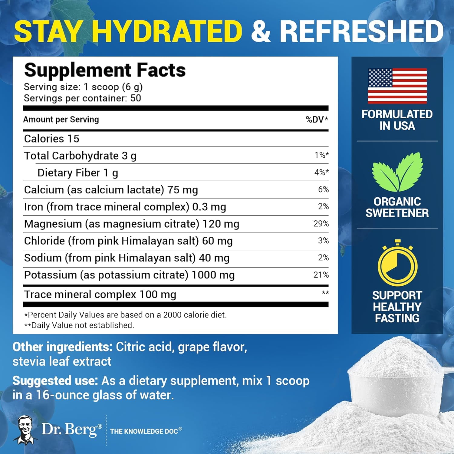 Dr. Berg Electrolyte Powder - Grape Flavor Hydration Powder, 50 Servings