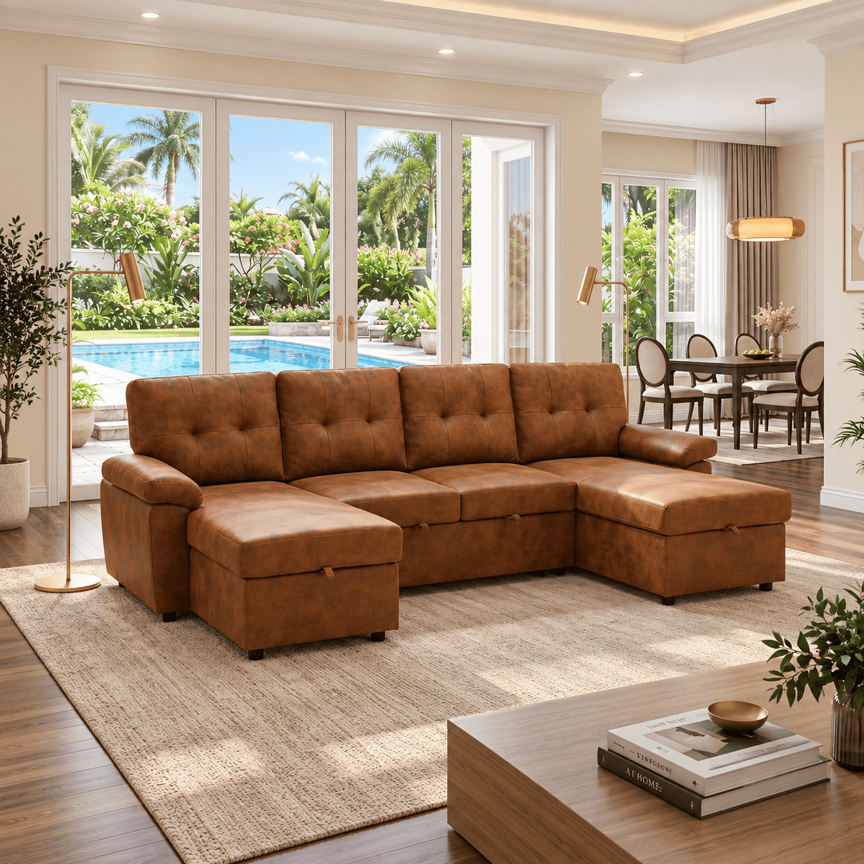 BSHTI 112" Polyester Fabric U-Shaped Sectional Sleeper Sofa Bed with Pull-Out Bed,Tufted Back Cushions and Storage Chaise for Living Room(Light Brown)