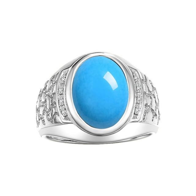 RYLOS Men's Rings 14K White Gold Nugget Ring with Cabochon Gemstone & Diamonds Turquoise Rings For Men Size 11