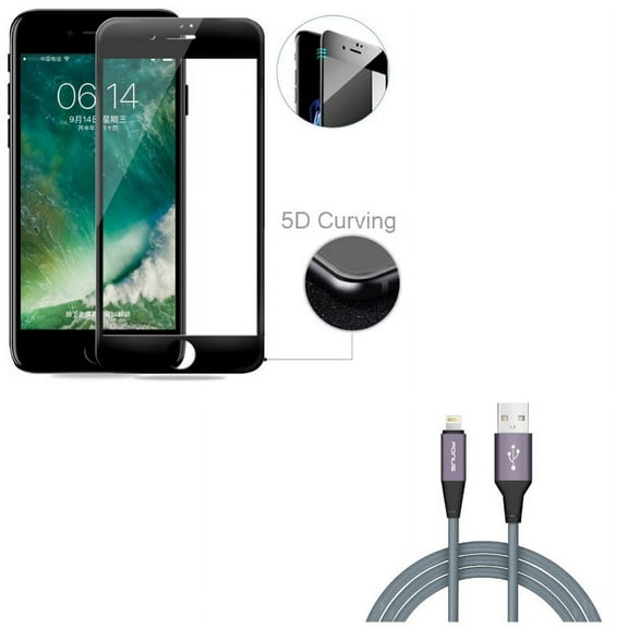 iPhone 8/7/6S/6 - Charger Cord 10ft USB Cable w Tempered Glass Screen Protector - Power Wire Braided Long Sync, 5D Touch Curved Edge Full Cover Bubble Free Case Friendly for iPhone 8/7/6S/6