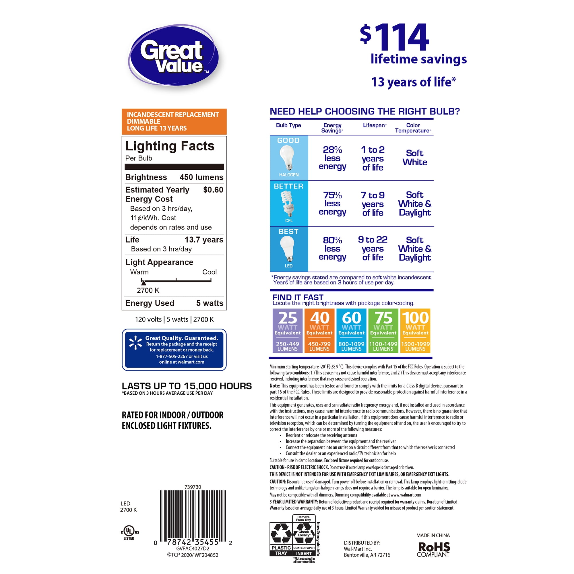 Great Value LED Light Bulb, 5 Watts (40W Eqv.) A15 Ceiling Fan Frosted Lamp E12 Base, Dimmable, 2-Pack,Soft White