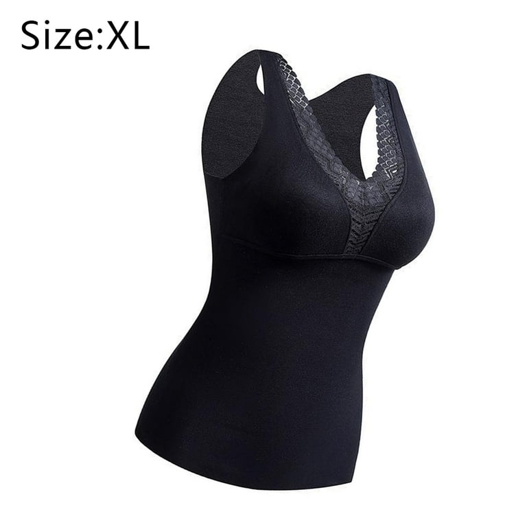 Sleeveless Thermal Shirts for Women V Neck Vest with Built in Bra Underwear  Thermal Tank Top - Black -Black-XL