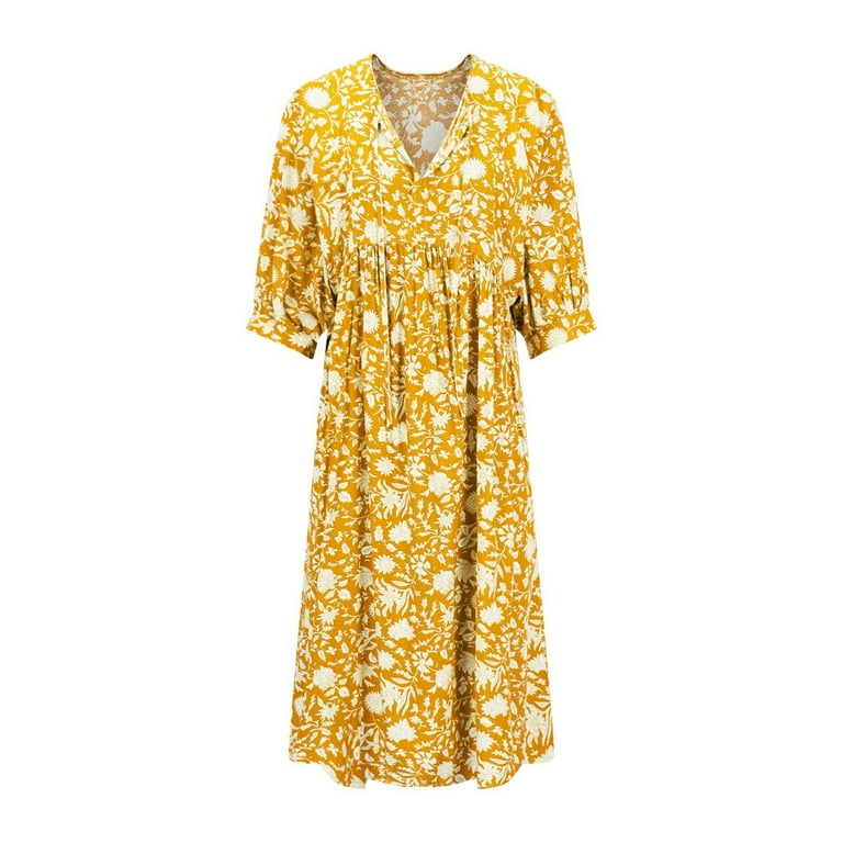 Xunlbb Womens Floral Dress Women's Fall Winter Casual Long Sleeved Solid Color Loose V Neck Fashionable Comfortable Midi Flattering Dresses to Hide