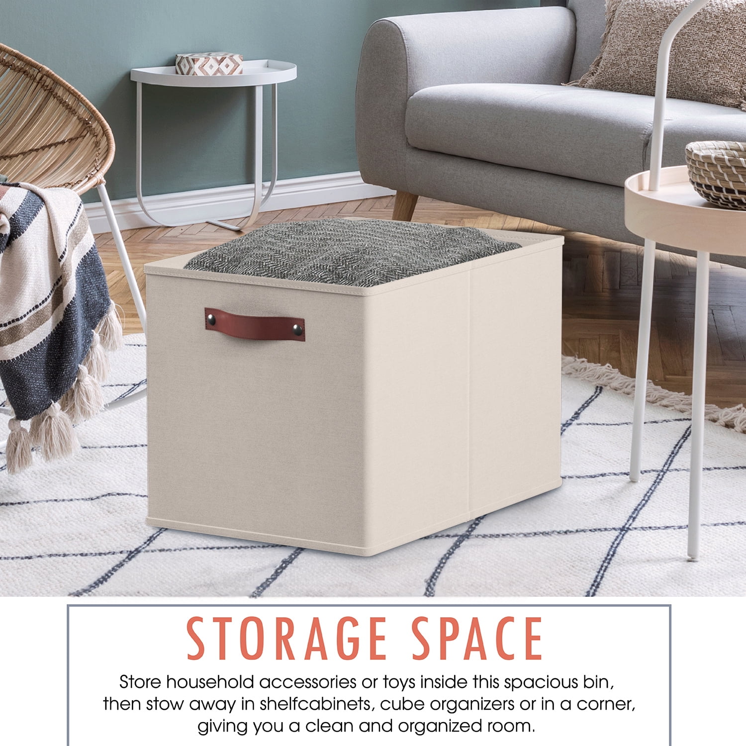 Ornavo Home Foldable Collapsible Storage Box Bins Linen Fabric Shelf Basket Cube Organizer with Leather Handles - Set of 6 - 13 x 15 x 13 - Beige