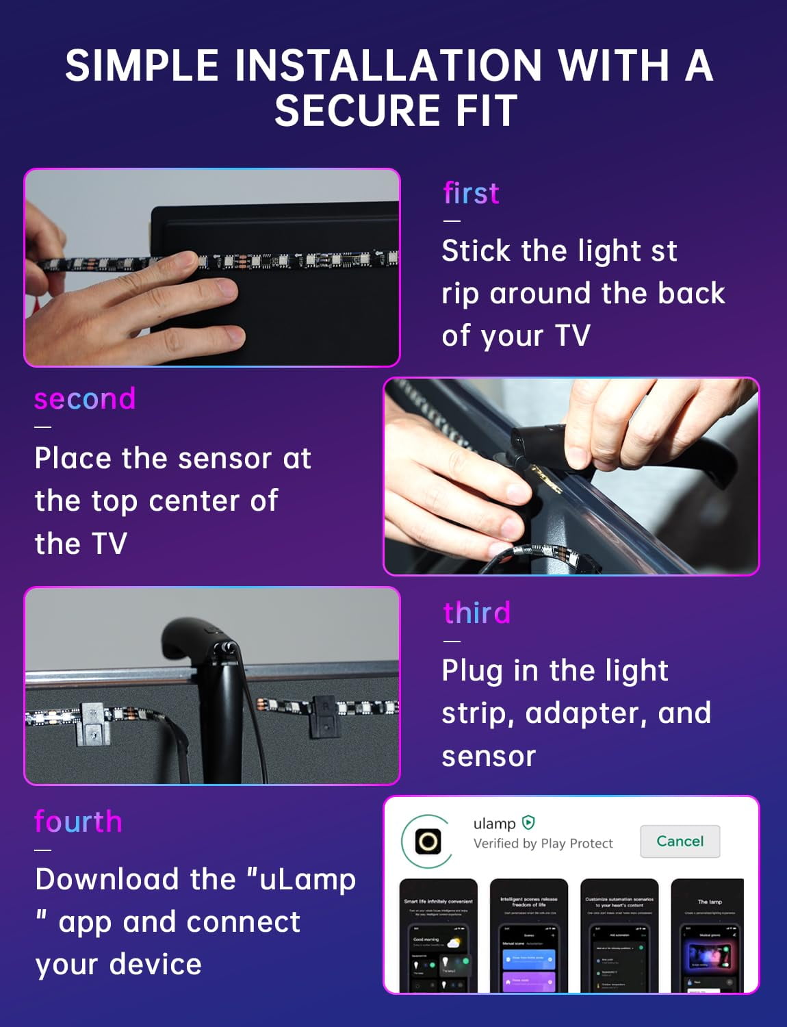 Soifcik 14.76ft TV LED Backlight with Screen Sync Sensor, App Control RGB Strip for 55-65" TVs, Game & Movie Color Changing