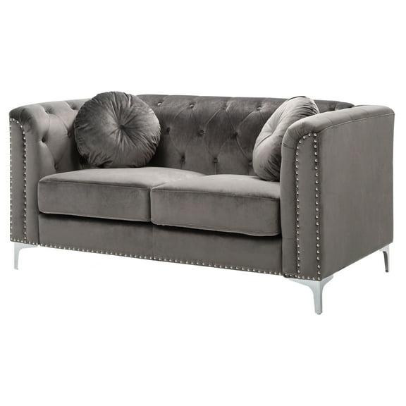 Passion Furniture Pompano 62 in. Dark Gray Velvet 2-Seater Sofa with 2-Throw Pillow