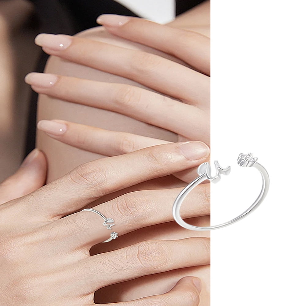 1Pcs Silver Letter A-Z Open Signet Ring Women Brass Rhinestone Open Cuff Rings Women Personalized Jewelry Gifts