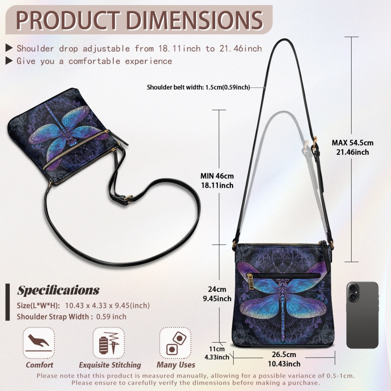 LedBack Dragonfly Print Leather Women Crossbody Satchel Bag Portable Mandala Flower Shoulder Handbag with Adjustable Strap Zipper Hobo Bag Cross Body Bag with Multi Pocket, Blue
