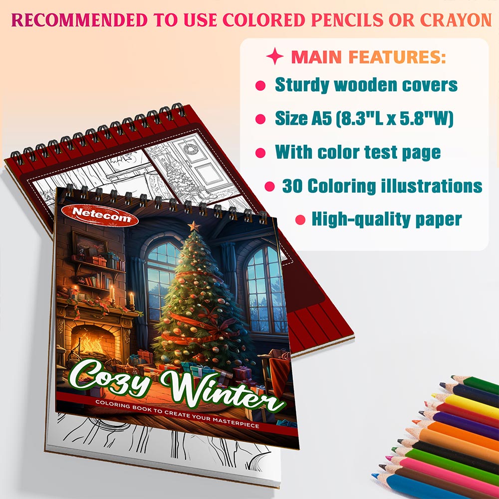 Netecom Cozy Winter Coloring Book Spiral Bound for Adults, A5 Wooden Cover, 30 Beautiful Coloring Pages of Warm Holiday for Stress Relief and Relaxation
