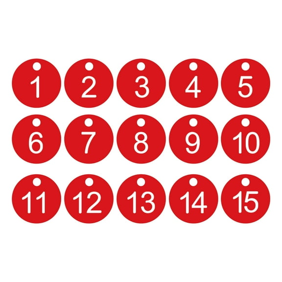 1-15 Number Tags, 15Pcs Round ID Number Key Tags Plastic Numbered Keychain for Luggage Lockers Organizer Field Sales Hangers Clothes Labels, White-Red
