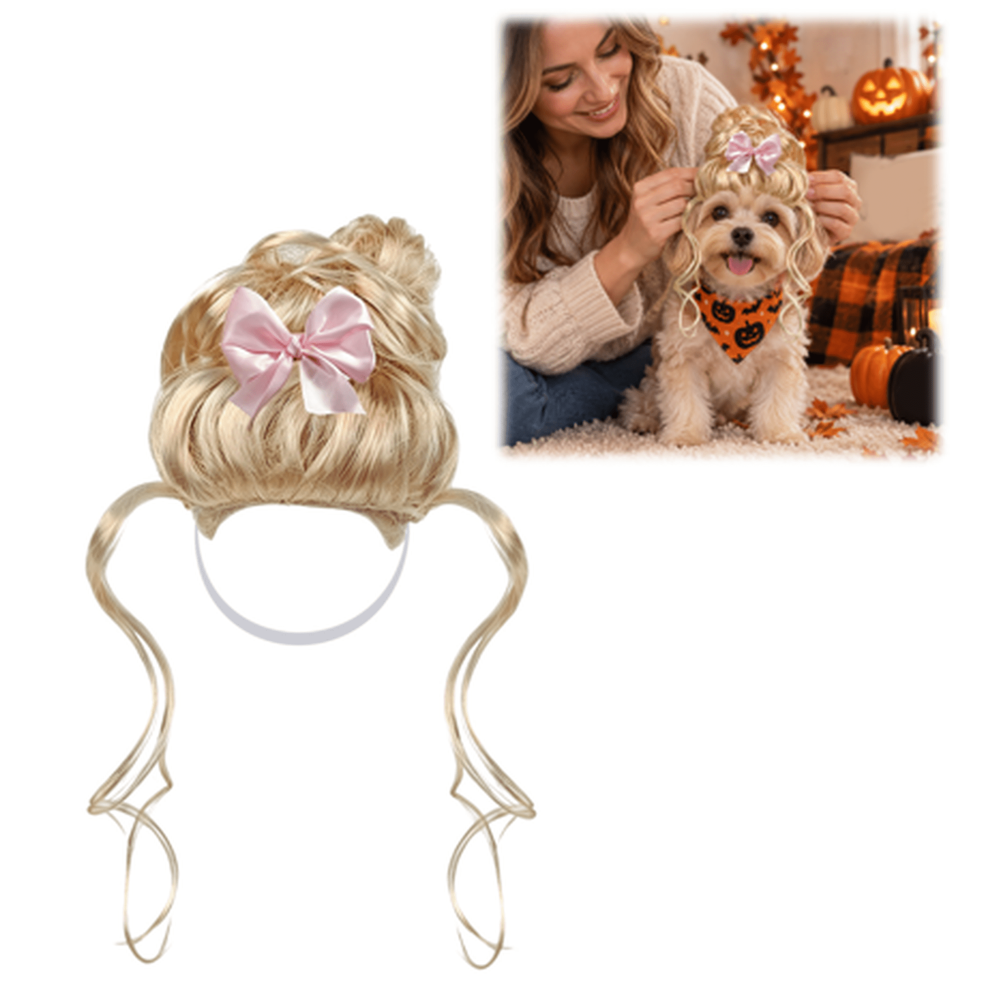 Princess Halloween Dog Wig Pretty Pink Bow Curly Hair Design Customizable Fit Dog Wig Pet Costume Accessory for Small Dogs Halloween Festive and Party Moments