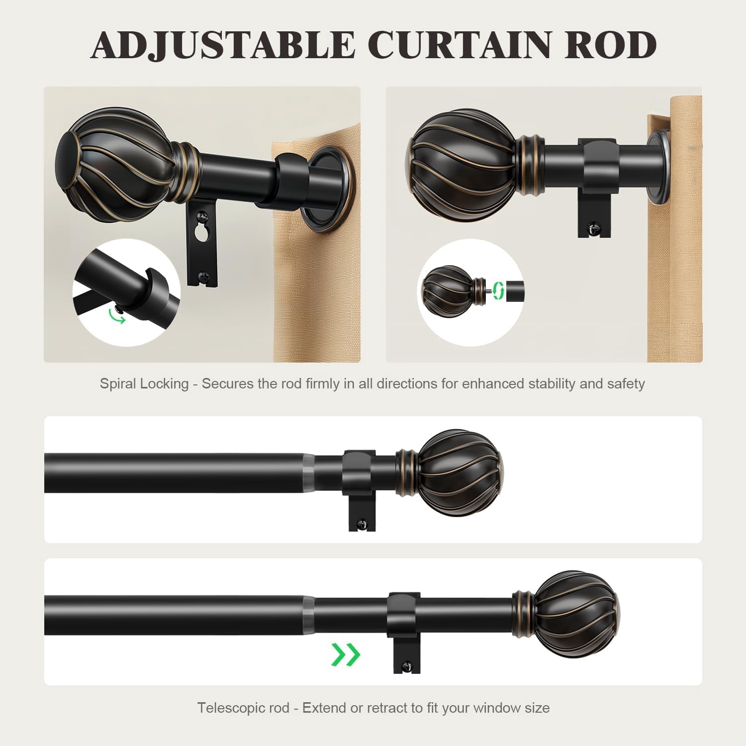 Brown Curtain Rods for Windows 72 to 144 Inch, 7/8" Adjustable Heavy Duty Decorative Drapery Rods with Round Netted Texture Finials (Pack of 1, 36 to 150 Inch)