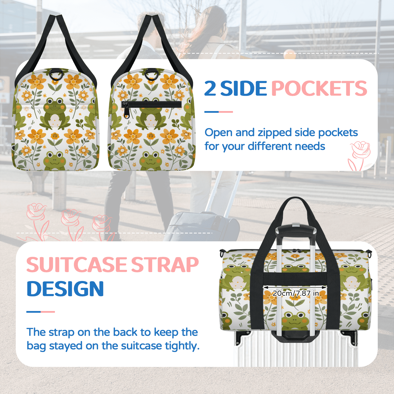 Herdesigns Cute Frog Gym Bag for Women, Duffle Bag for Travel Sport, Flower Lightweight Waterproof Carry on Weekender Dance Yoga Workout Bags