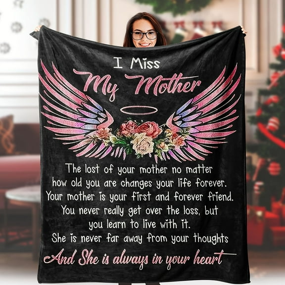 "I Miss My Mother" Memorial Blanket Bereavement Sympathy Gift Soft Flannel Throw with Angel Wings and Floral Design All-Season Comfort Sympathy Blanket Heartfelt Message Decor Cozy Fabric