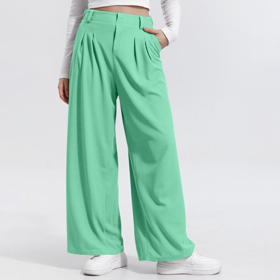 Busydd Pants for Women Solid Color High Waisted Dress Pants Comfortable Baggy Wide Leg Pants Casual Versatile Women's Pants with Pockets L