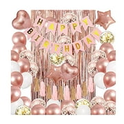 PAIXUN Rose Gold Birthday Party Decorations Supplies 43 Pack 18 inch Foil Balloons Banner Confetti Balloons Sequin tablecloth Fringe Curtain for Bachelorette Bridal Shower or Princess Party
