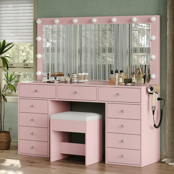 11 Drawers Vanity Desk, 55'' W Makeup Vanity with Power Outlet, Vanity Table with Mirror and 13 LED Bulbs, 3 Color Lighting Modes, Glass Top, Dressing Table for Bedroom,Pink