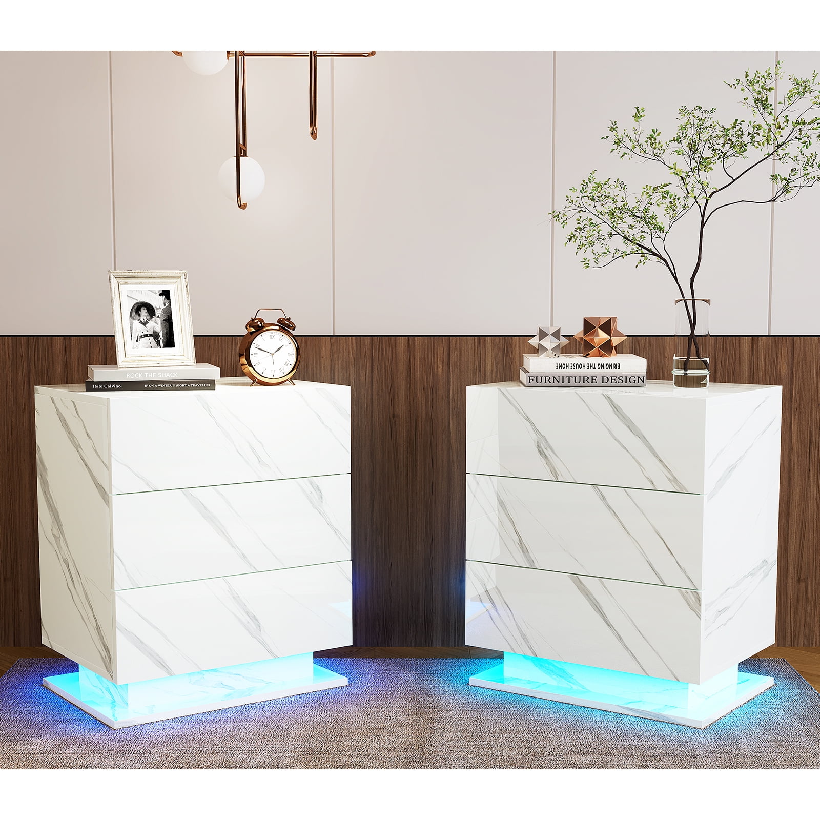Hironpal LED Nightstand Set of 2, Modern Bedside Table with 3 Drawers