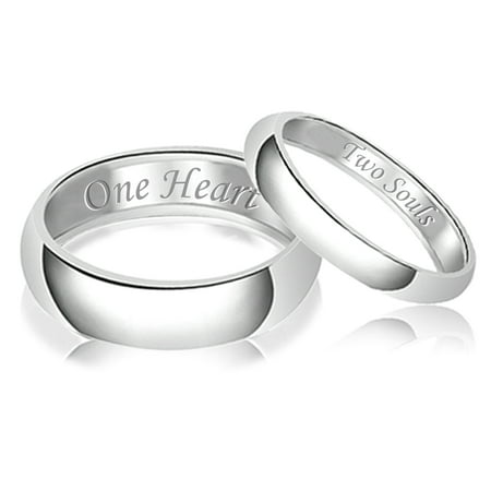 His & Her Engraved Two Souls One Heart Classic Sterling Silver Plain Wedding Band