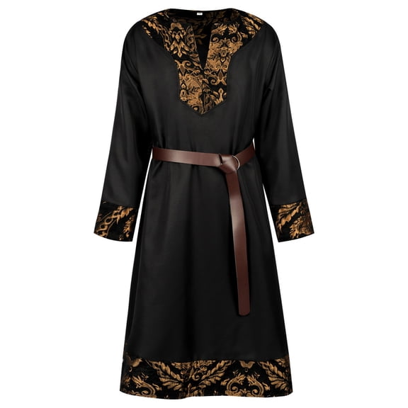 ZGRBOU Men's Viking Tunic Vintage Print Steampunk Warrior Robe Medieval Renaissance Pirate Costume with Belt