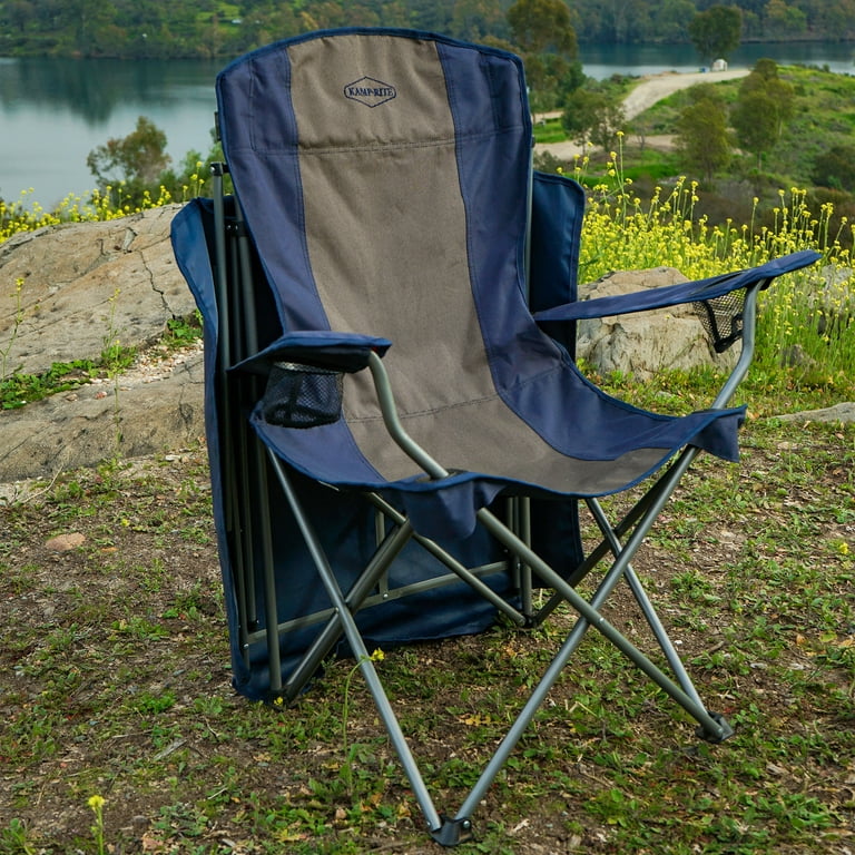 Kamp-Rite Folding Camp Chair with Shade Canopy and Cupholders, Navy/Tan