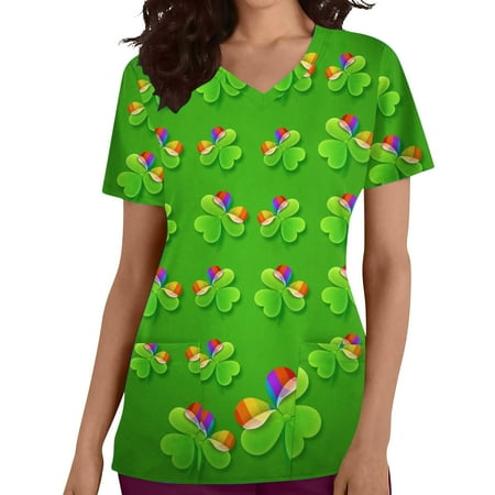 

St. Patrick s Day Scrubs Tops for Women Trendy Green V Neck Short Sleeve Working Uniforms Nurse T Shirts with Pockets