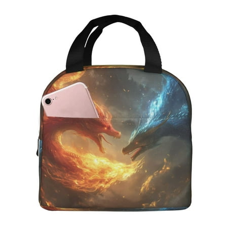 Insulated Lunch Bag for Women Men - Red and Blue Fire Dragon B Leakproof Cooler Lunch Box for Women Men  Lunch Tote Bags for Work School Picnic Travel