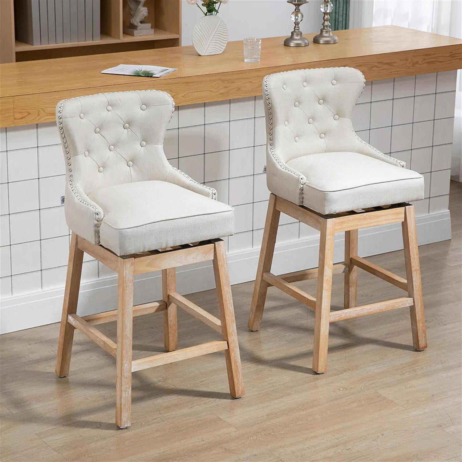 Demi Bonn Modern Memory Swivel Bar Stool Set of 4, Cushioned Bar 30" Seat Height Stool with Tufted Back, Nailhead-Trim and Solid Wood Legs, White