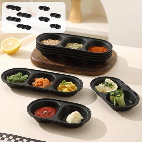 PoyoKee Dinnerware Sets, 4pcs 3 Compartment Condiment Cups, Plates for Barbecue Hotpot Kitchen and Dining, Dish Set for Kitchen Essentials, Black