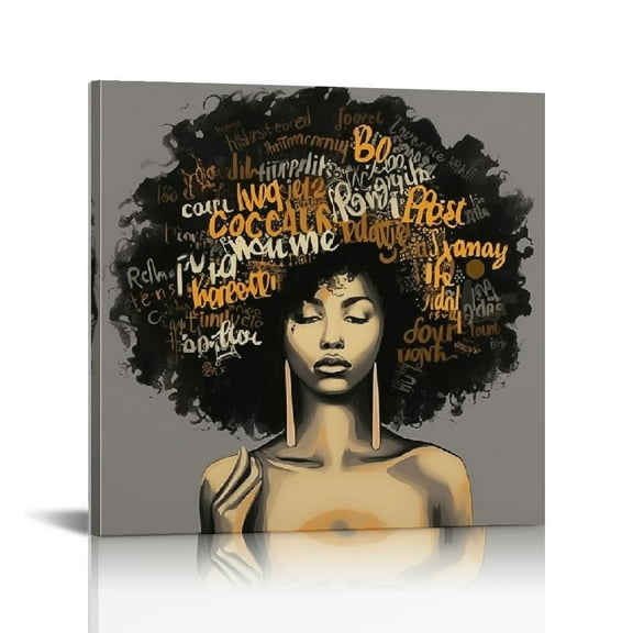 ARISTURING African American Wall Art Black Art Framed Abstract Wall Picture Black Gold Afro Woman Canvas Print African Artwork For Home Bathroom Bedroom Wall Decor, 16x16 Inch