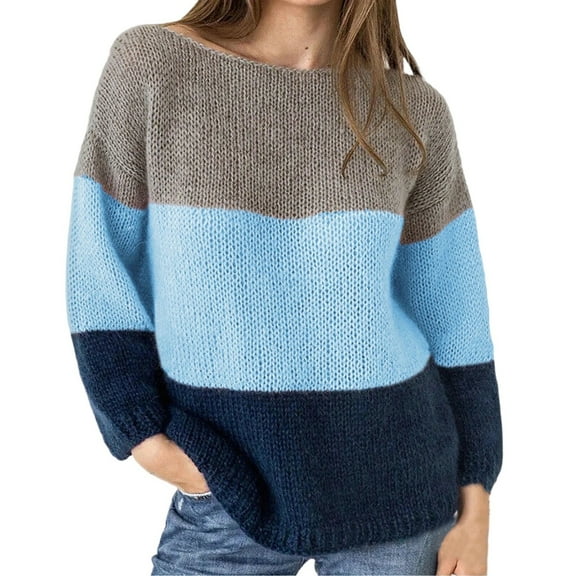 Women's Loose Knit Sweater Color Block Sweaters Long Sleeve Crewneck Pullover Sweaters Blue XL