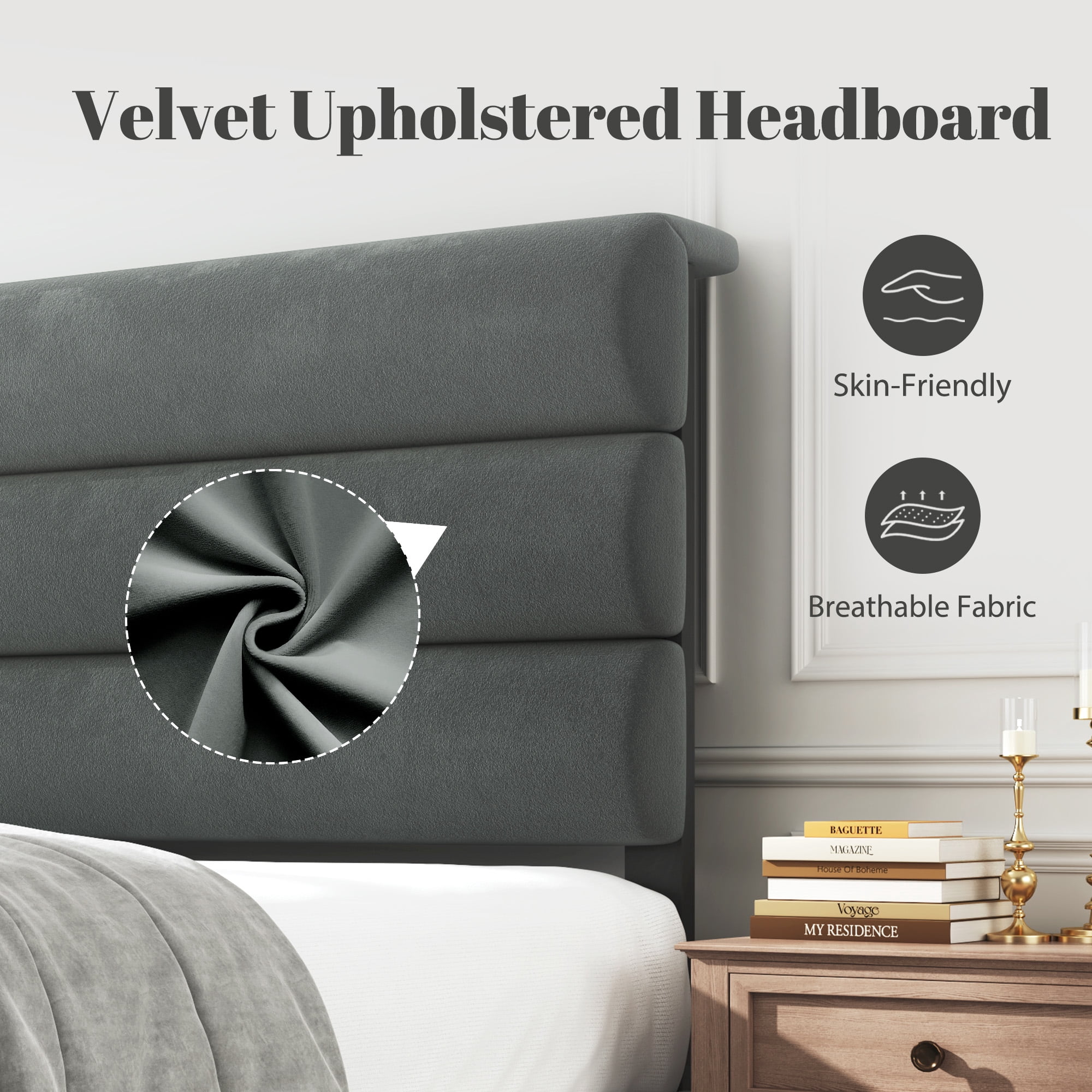 Bolvdo Queen Bed Frame with Velvet Upholstered Headboard, Metal Support, No Box Spring Needed, Noise Free, Easy Assembly, Grey