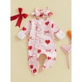 thumbnail image 3 of Nygoyerh Newborn Girls Outfit Long Sleeve Crew Neck Heart Bow Print Zipped Footies Jumpsuit and Headband Sets Valentines Day Baby Clothing 0M 3M 6M, 3 of 7