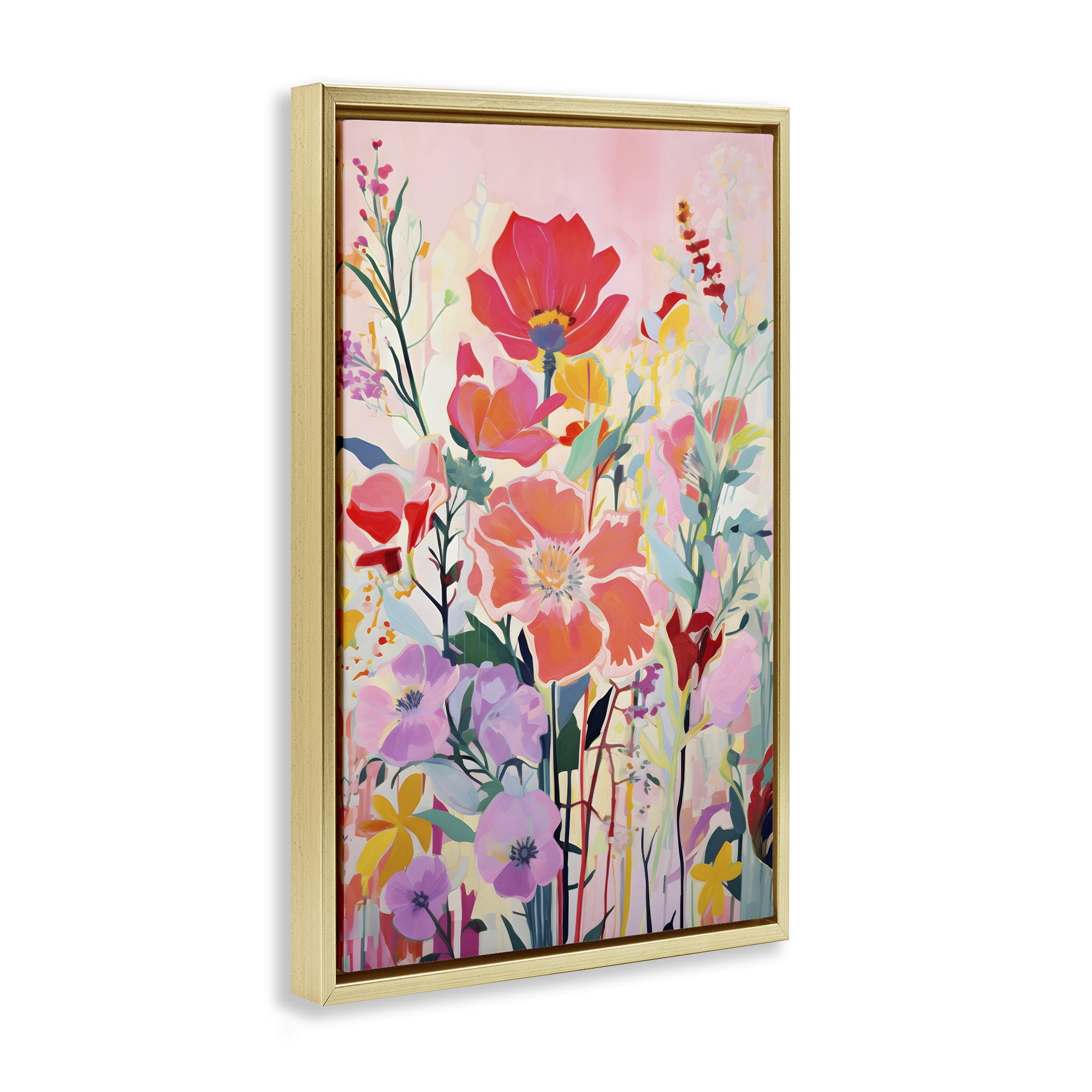 Stupell Industries Abstract Flowers on Pink Plants & Flowers Painting Gold Floater Framed Canvas Art Print Wall Art, 21 x 31