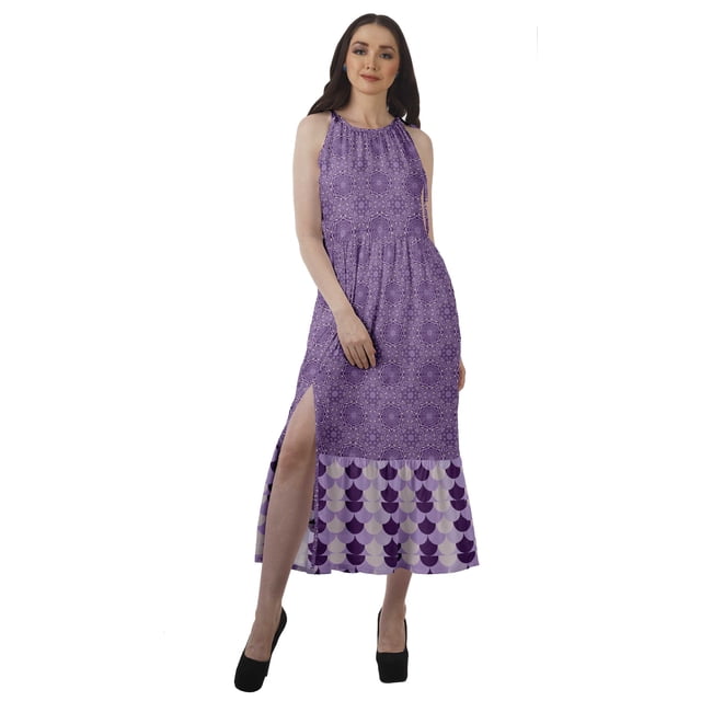 Moomaya Robe de Vacances pour Femmes en Rayonne, Col Licou, Sans Manches, Fente avant, Robe Imprimée