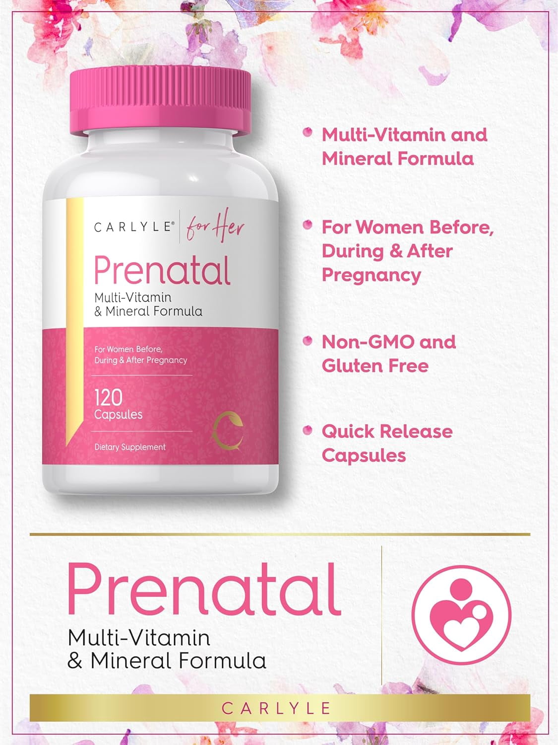 Prenatal Vitamins for Women | 120 Capsules | with Iron and Folic Acid | For Her | by Carlyle