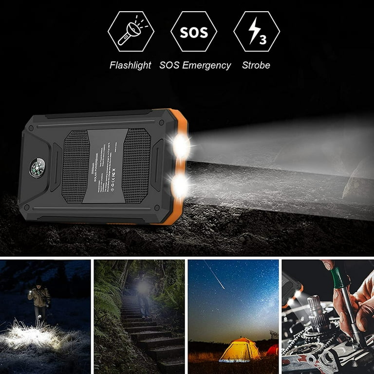 20000mAh Solar Charger for Cell Phone iPhone, Portable Solar Power Bank  with Dual 5V USB Ports, 2 LED Light Flashlight, Compass Battery Pack for  Outdoor Camping Hiking(Orange) 