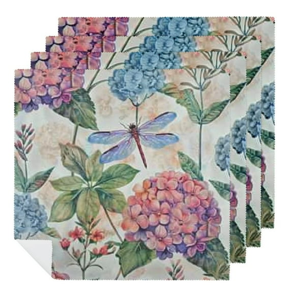 PHYHOO Beautiful Hydrangeas Dragonflies Butterfly Floral Cloth Napkins, Soft & Comfortable Polyester Dinner Napkin for Family, Restaurant, Weddings, Parties 2 PCS