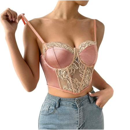 

YYDGH Women s Floral Embroidery Contrast Lace Cami Crop Top Spaghetti Strap Sheer Mesh Corset Bustier Tops Bralette Pink XS