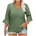 thumbnail image 2 of Otntypg Plus Size 3/4 Length Sleeve Womens Tops Summer Loose V-Neck Eyelet T-Shirts Dressy Casual Ruffle Sleeve Textured Tunic Blouses Army Green L, 2 of 9