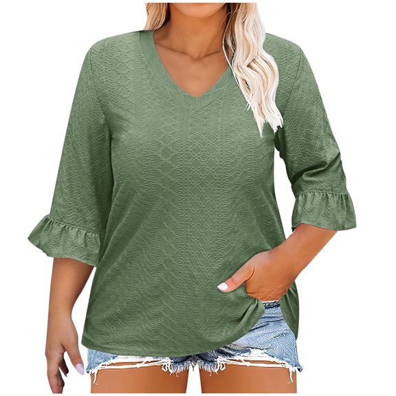 Wxjgog Womens Plus Size Tops 3/4 Length Sleeve Shirts Casual V-Neck Ruffle Sleeve Textured Tunic Blouse (1X-5X) Boho Tops for Women