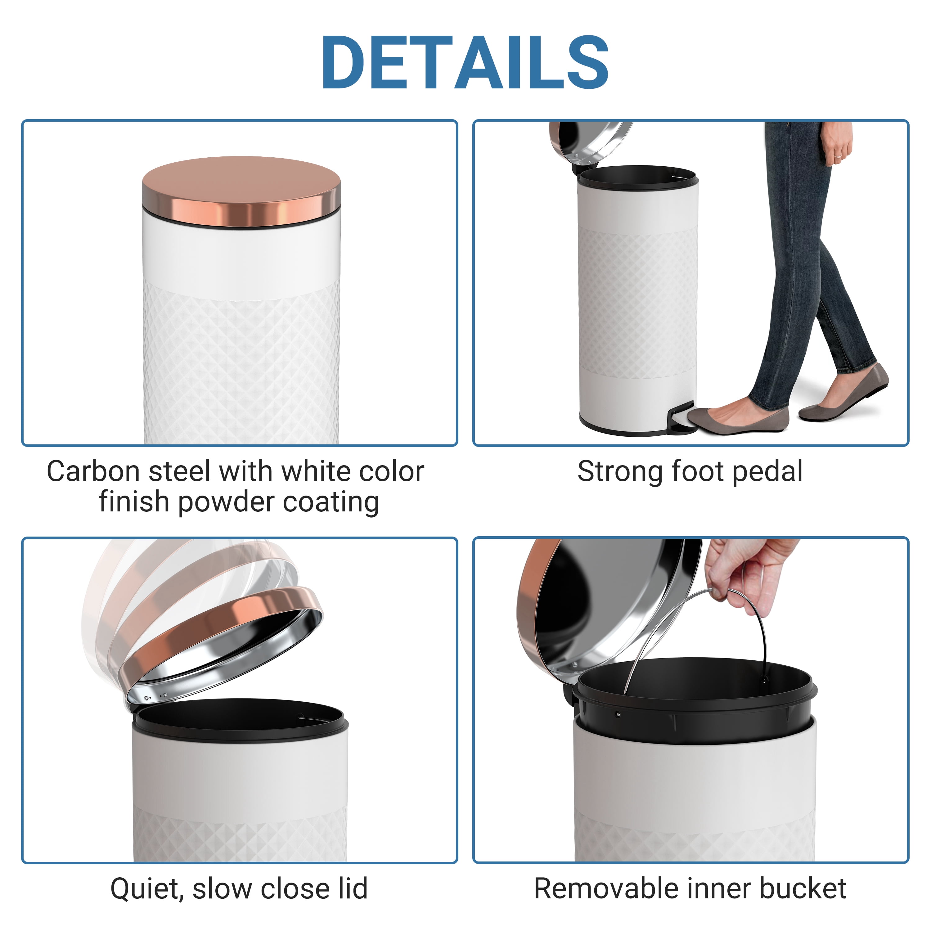 Innovaze 8 Gal. White Metal Round Shape Step-on Kitchen Trash Can with Diamond Body Design. Carbon Steel  White