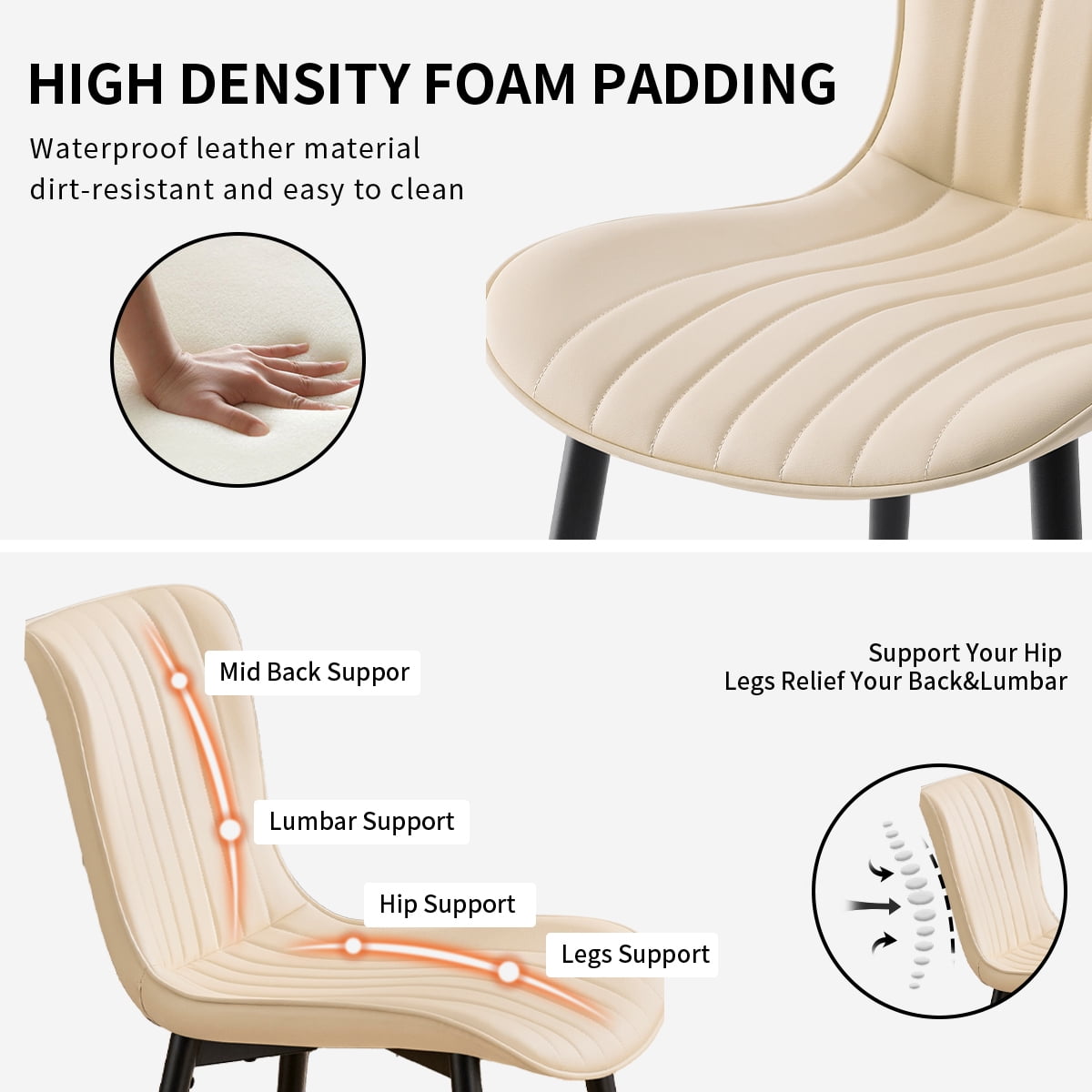 L'AGRATY Modern Dining Chairs Set of 6, High Back PU Leather Upholstered Kitchen Chairs with Cushion - Heavy Duty Metal Legs for Dining Room, Restaurant, Cafe (Beige)