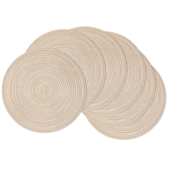 RYLZX 6pcs 15 inch Round Braided Placemats Set of 6 Non Slip Heat Resistant Cotton Polyester Table Mats Washable Place Mats for Kitchen Dining Party Table Decor -Beige