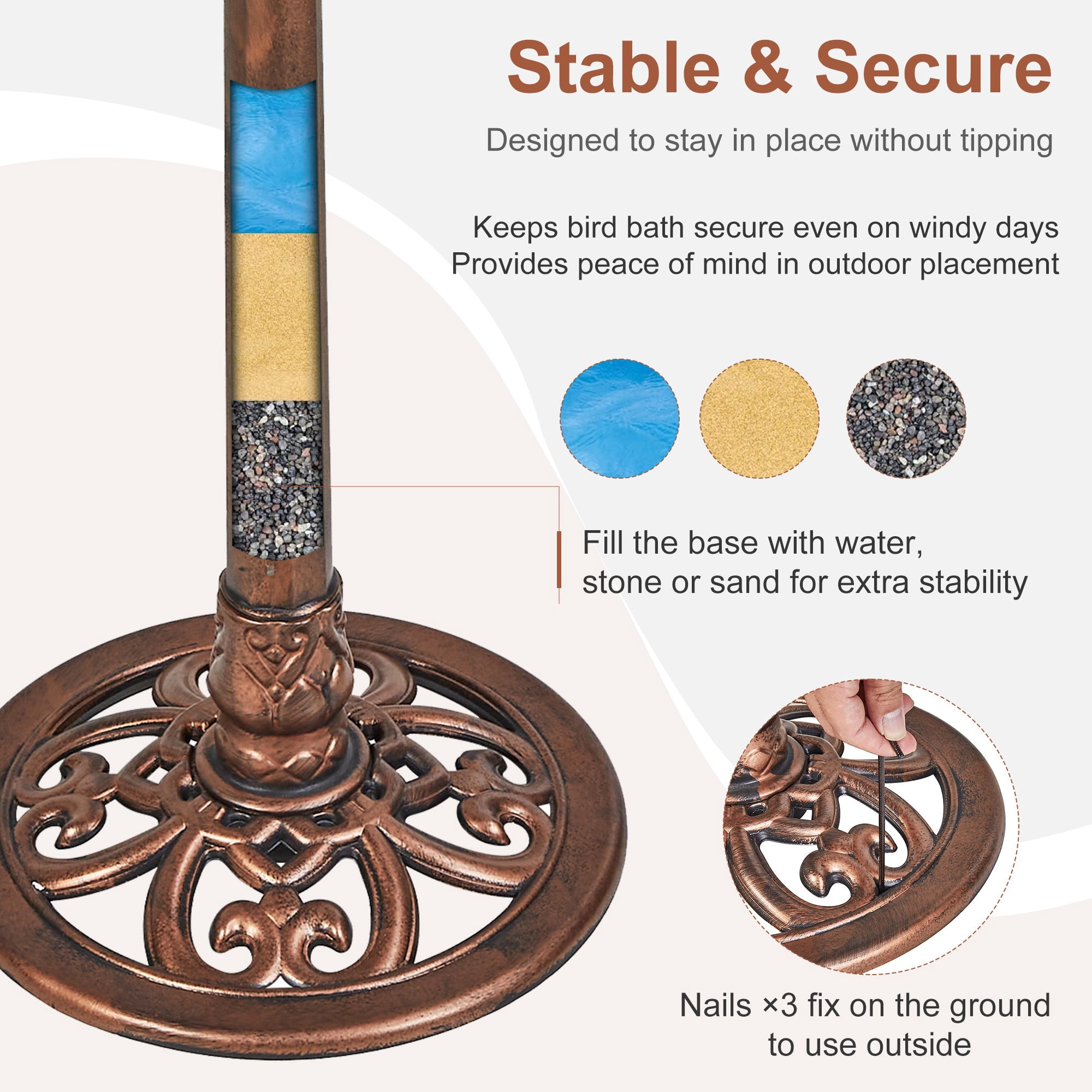 VECELO 28" Height Pedestal Birdbath Outdoor Garden Decor, Vintage Yard Art Bird Baths, Brown