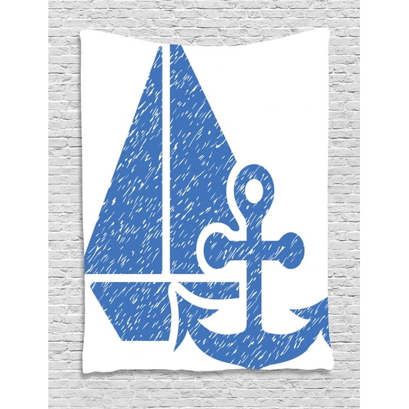 Vintage Blue Tapestry, Marine Themed Anchor and Sailboat with Grungy Design Nautical Print, Wall Hanging for Bedroom Living Room Dorm Decor, 40W X 60L Inches, Azure Blue and White, by Ambesonne
