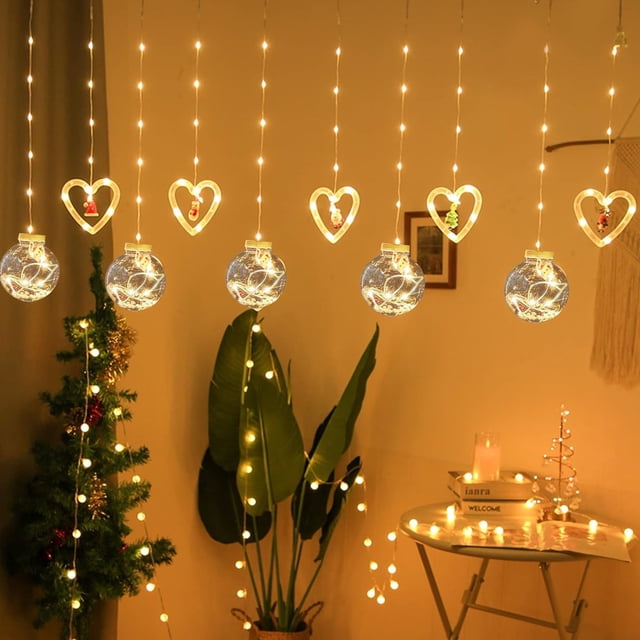 Serie de Luces Navidad | Corazon y Esferas Navideñas Colgantes | Cortina Luces Calidas|Serie Navideña 3 Metros