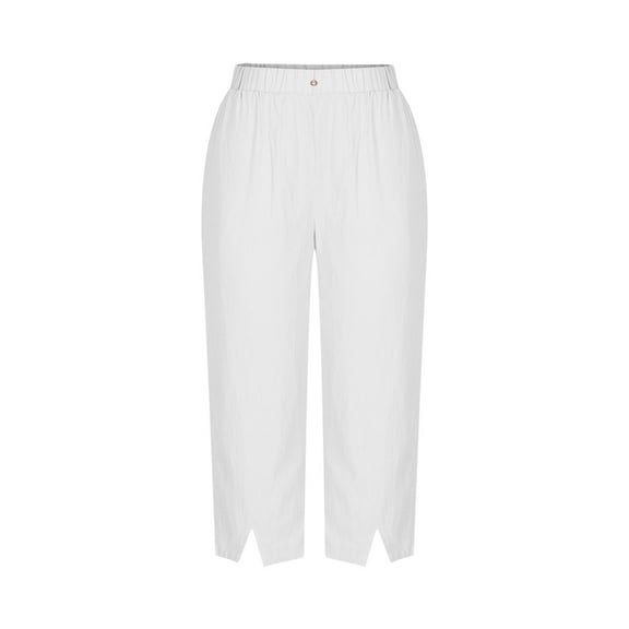 Lenpel Capri Pants for Women Lightweight Elastic High Waisted Split Hem Wide Leg Cotton Linen Pants Casual Cropped Trousers